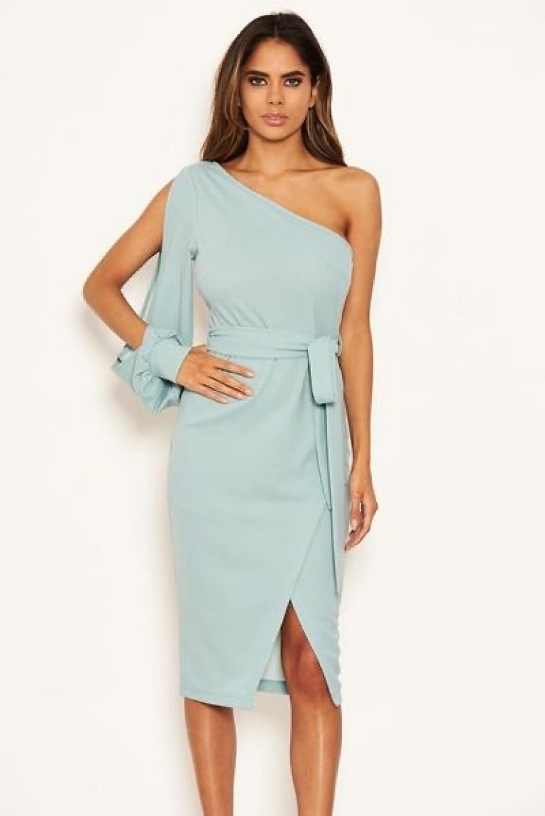 Duck Egg Split Sleeve One Shoulder Bodycon Midi Dress - Poppy Rose Boutique