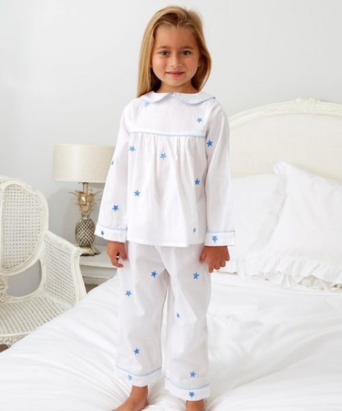 White Pyjamas with Blue star Embroidery and Round Collar ML043N